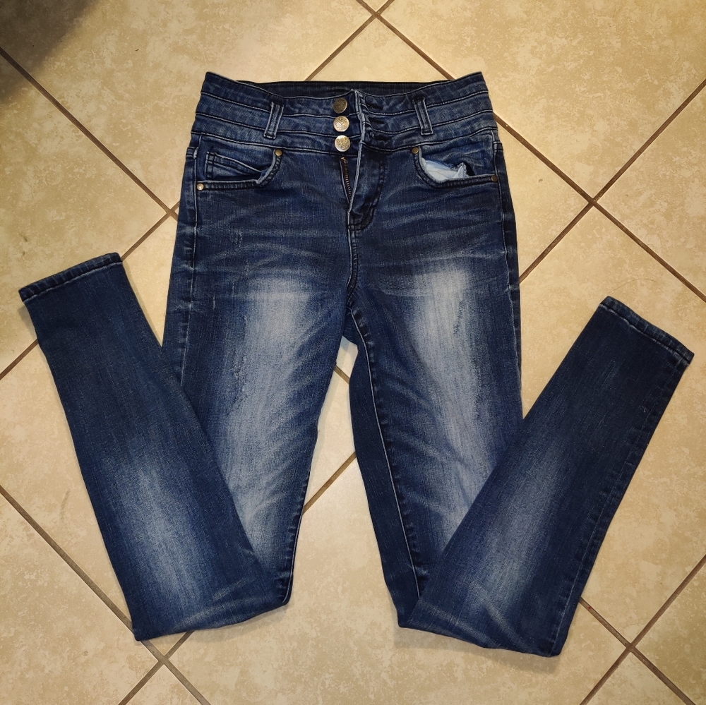 NWOT Sexy High Waist Pants Dark Wash Navy Button Form Fitting Skinny